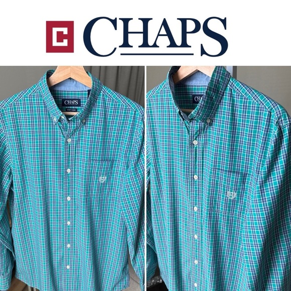 Chaps Men’s L/S Green/blue Plaid Button Up Size M - Picture 1 of 12